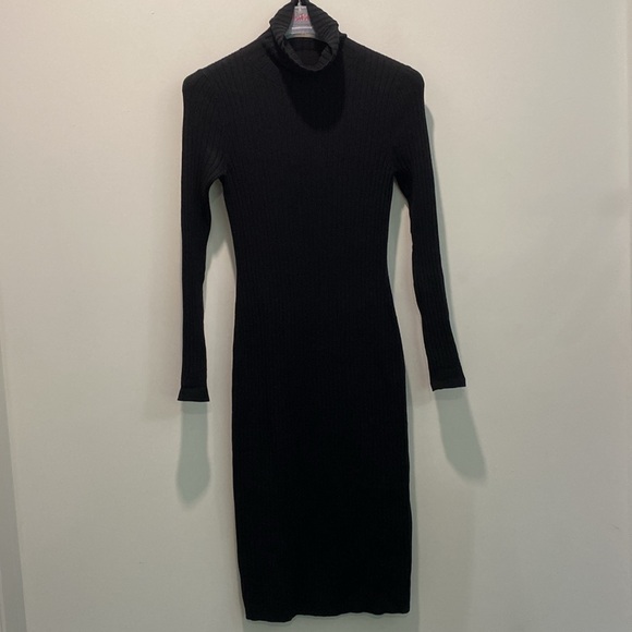 Ann Taylor Black Ribbed Knit Turtleneck Dress Small fit Long Sleeve Stretch Midi - Picture 4 of 11
